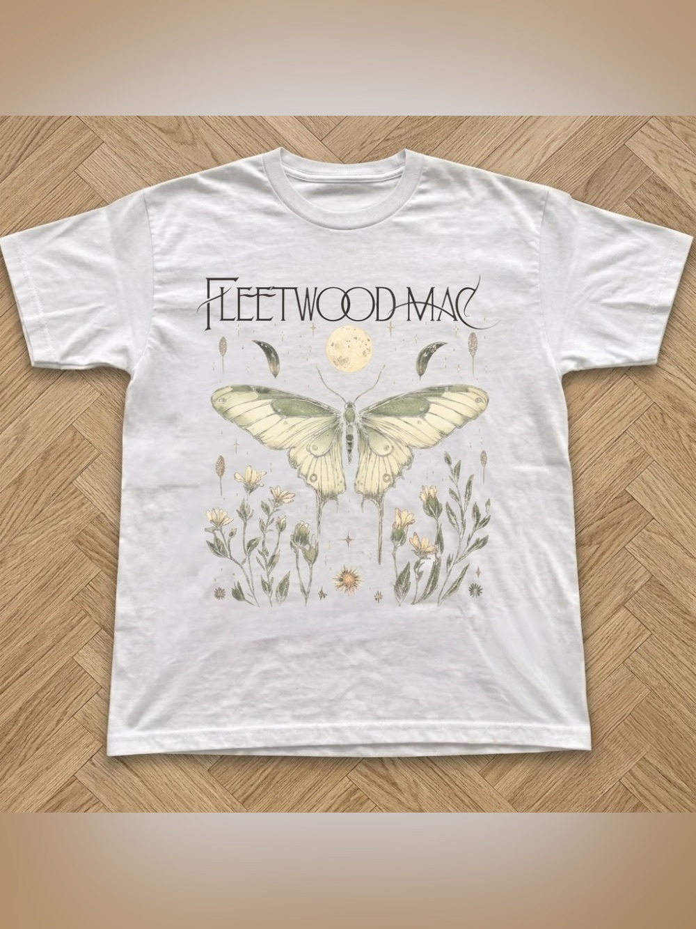 Fleetwood Mac White Graphic Tee with Pale Green Moth